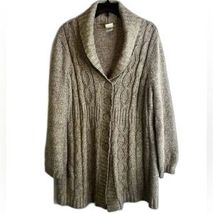 Just My Size Ecru Long Cable Knit Button Down Sweater- Size: 1X (16W)